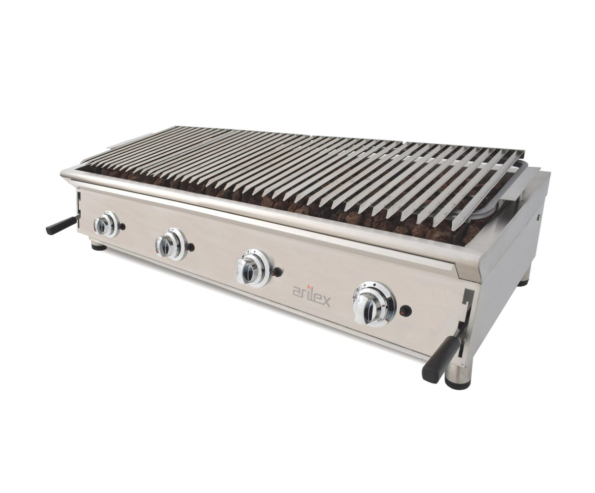BARBACOA A GAS 130cm PIEDRA VOLCÁNICA CON PARRILLA INOXIDABLE REGULABLE EN 3 ALTURAS LÍNEA 600 130BAR