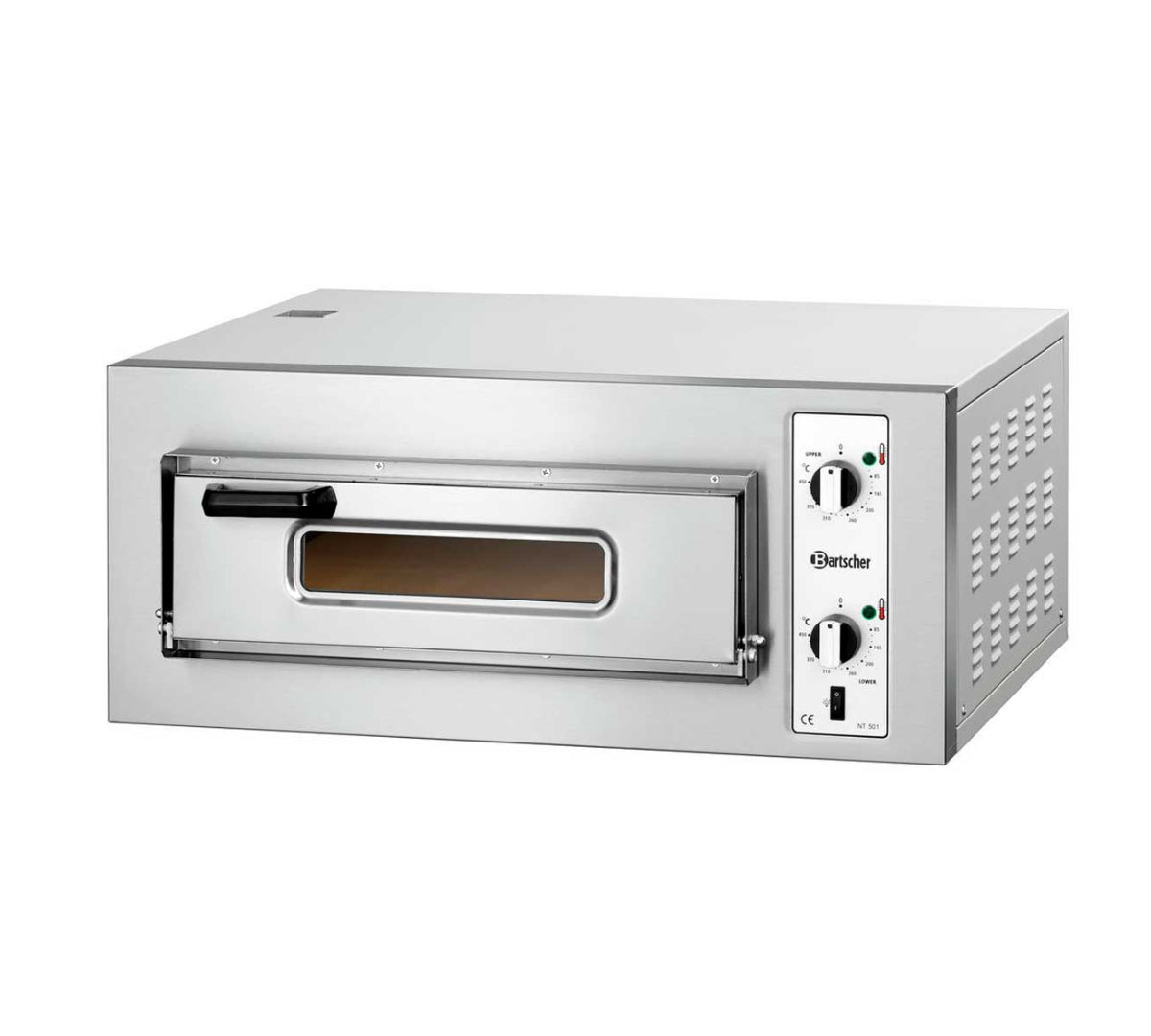 El Horno de Pizza NT 1 Cámara de Bartscher tiene iluminación interior y una cámara de cocción. La temperatura superior e inferior se pueden regular independientemente. Sus características son: Fabricado en chapa de acero. Tiene una cámara de cocción con la superficie fabricada en chamota (un material granular de arcilla). La temperatura superior e inferior se pueden regular independientemente. La puerta tiene ventana de cristal. Con iluminación interior. Aislamiento interior con lana mineral. Rango