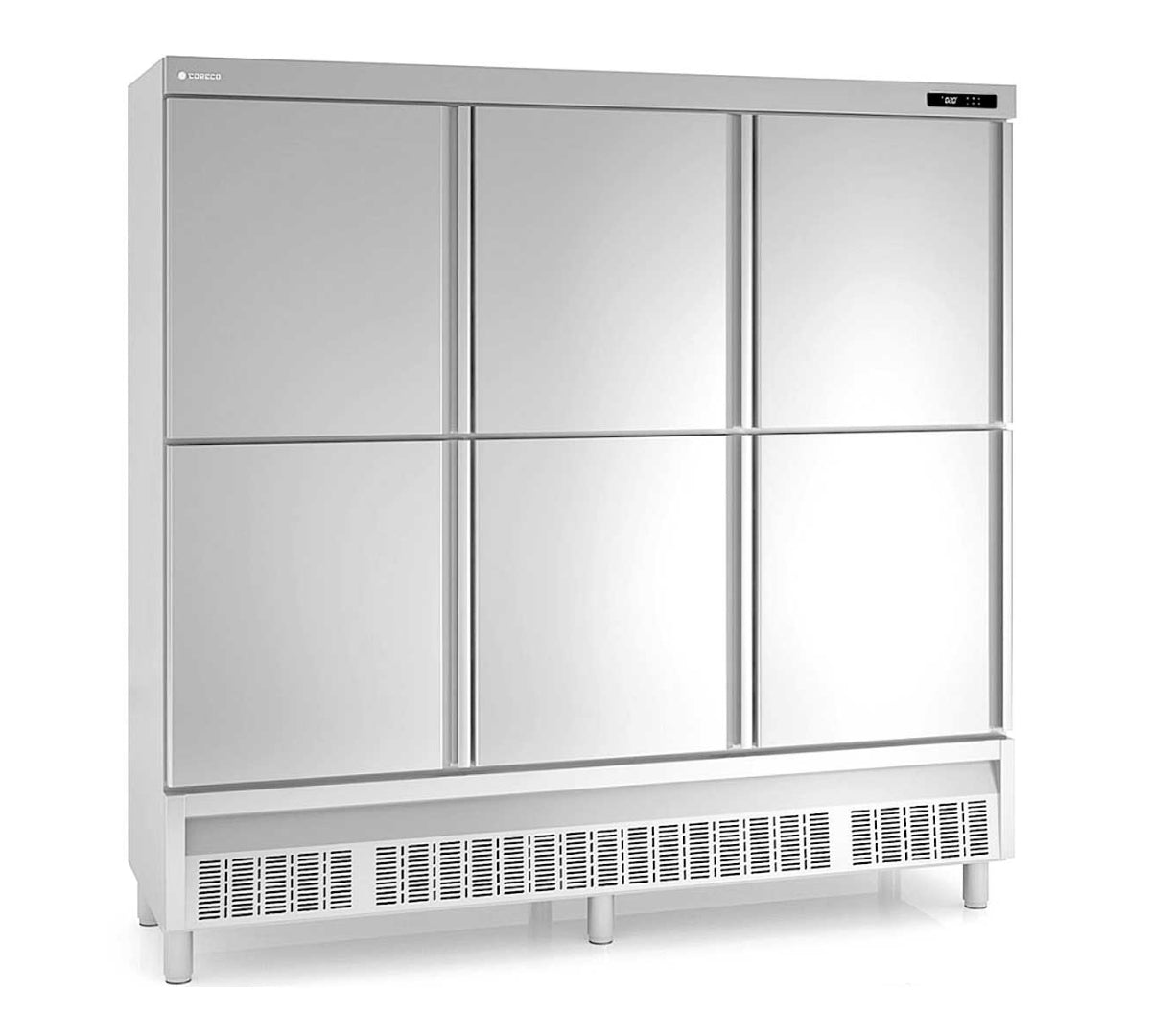 El Armario Refrigerado Snack ACR-2006 de Coreco tiene control digital de temperatura, descarche optimizado, alarma por puerta abierta y alta temperatura de condensación. Incluye 9 parrillas de acero plastificado. Tiene 6 medias puertas. Sus características son las siguientes: Estructura exterior en acero inoxidable AISI-304, excepto el respaldo. Estructura interior en acero inoxidable AISI-304, con aristas curvas y fondo embutido. Puertas de apertura reversible, con sistema de cierre automático y burlete
