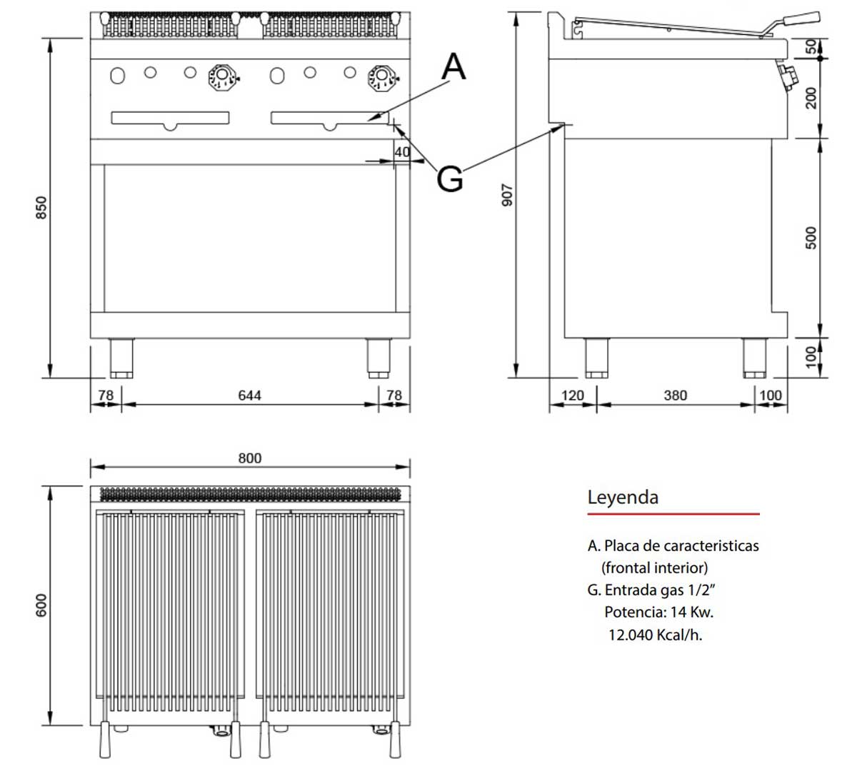 JEMI – PG60/2 PARRILLA A GAS AGUA SERIE 600 PIE – 4 QUEMADORES