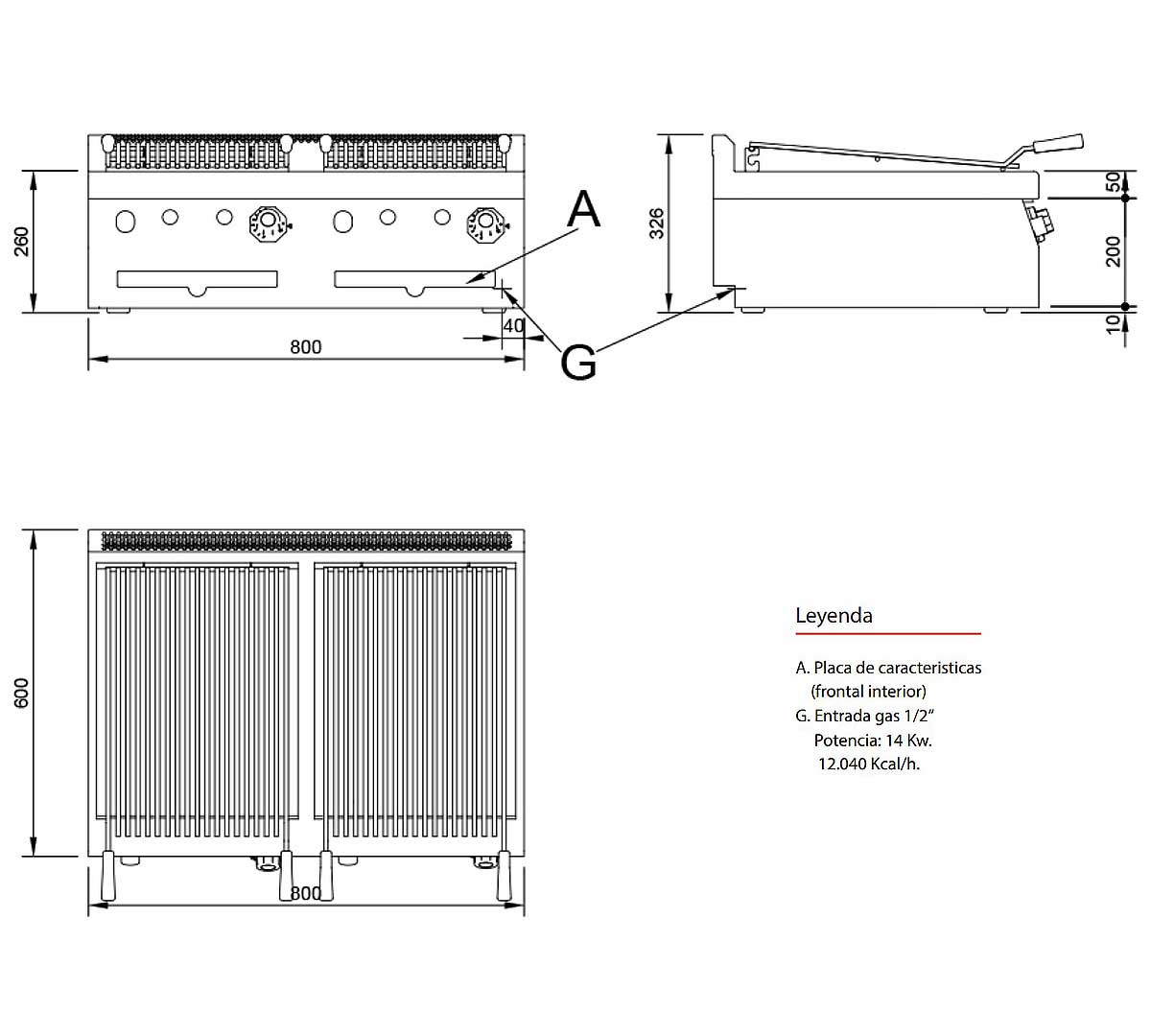 JEMI – SPG60/2 PARRILLA A GAS AGUA SERIE 600 SOBREMESA – 4 QUEMADORES