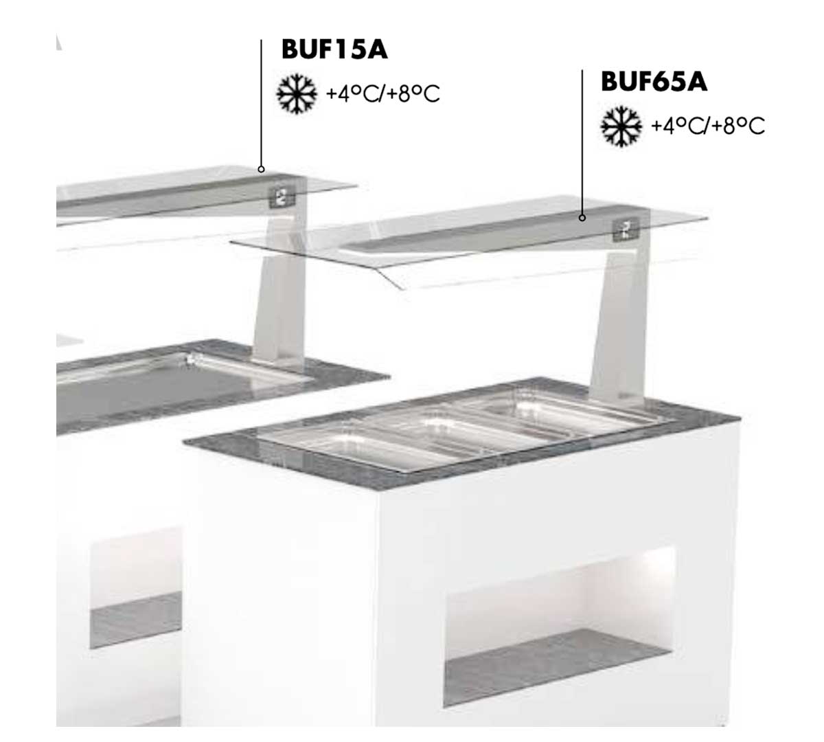 SAYL - BUFFET LINE MÓDULO CON ANTIESPUTO ISLAND BUFFET PLACA FRÍA CON BANDEJAS