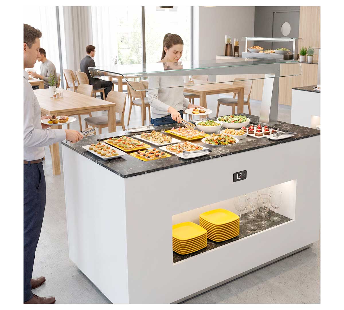 SAYL - BUFFET LINE MÓDULO CON ANTIESPUTO ISLAND BUFFET PLACA FRÍA CON BANDEJAS