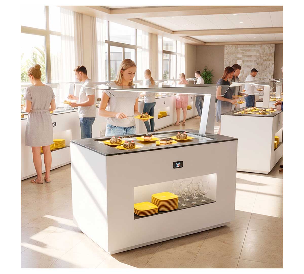 SAYL - BUFFET LINE MÓDULO CON ANTIESPUTO ISLAND BUFFET PLACA FRÍA CON BANDEJAS