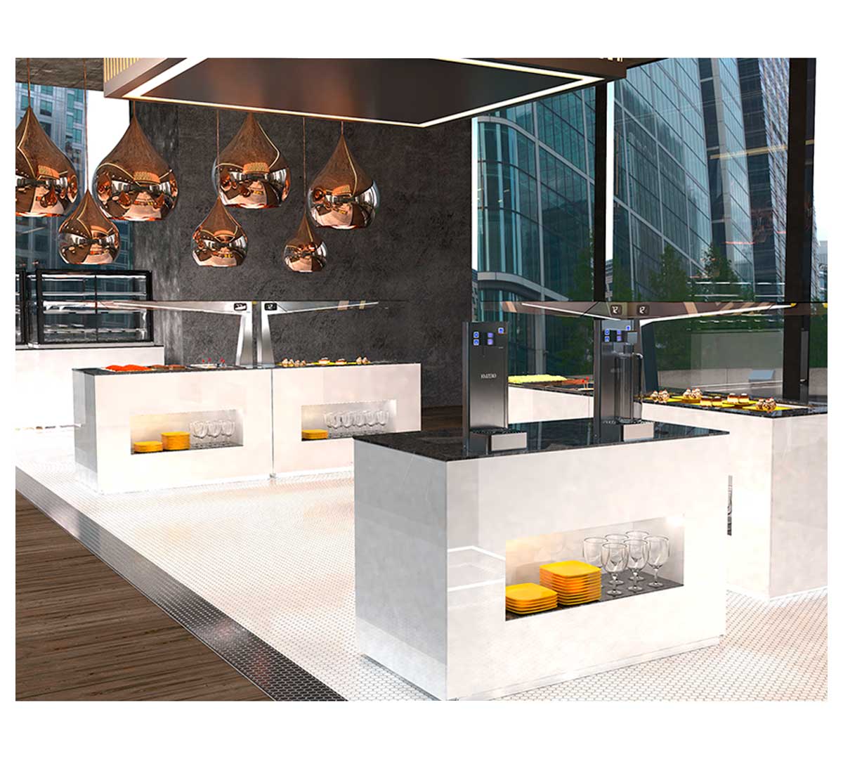 SAYL - BUFFET LINE MÓDULO CON ANTIESPUTO ISLAND BUFFET PLACA FRÍA CON BANDEJAS