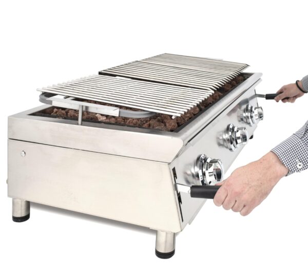 BARBACOA A GAS 100cm PIEDRA VOLCÁNICA CON PARRILLA INOXIDABLE REGULABLE EN 3 ALTURAS LÍNEA 600 200BAR