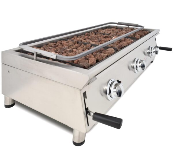 BARBACOA A GAS 100cm PIEDRA VOLCÁNICA CON PARRILLA INOXIDABLE REGULABLE EN 3 ALTURAS LÍNEA 600 200BAR